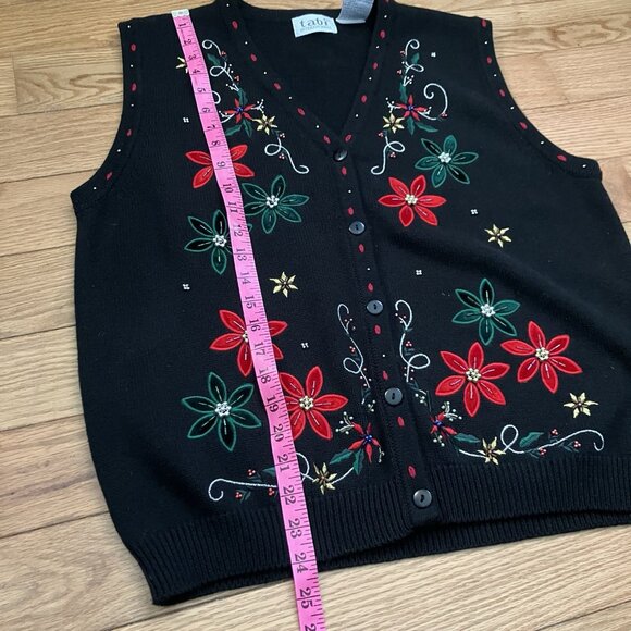 Vintage Tabi Sweater Vest Womens L Black Floral Beaded Christmas Holiday Granny - Picture 7 of 8
